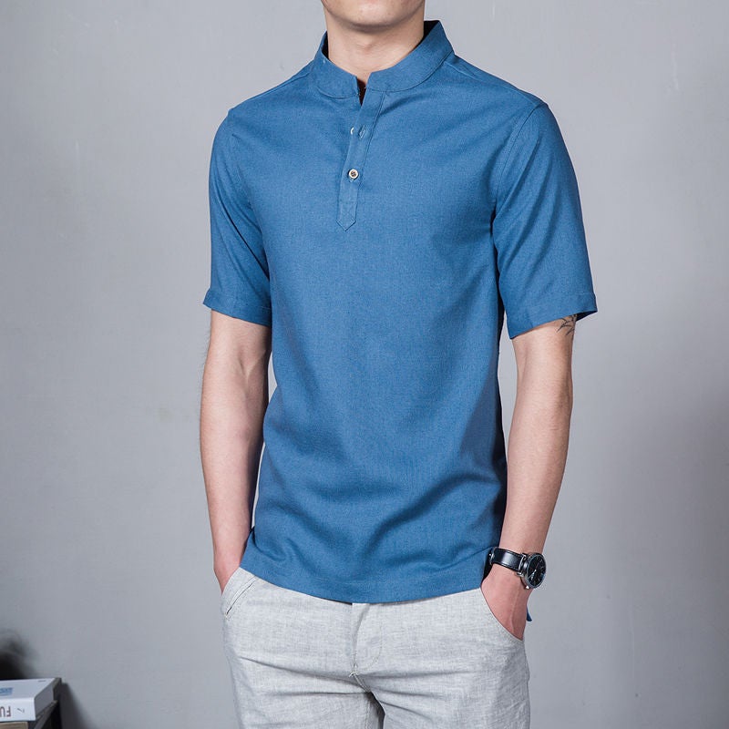 Chinese Style T-shirt Men's Short-sleeved Linen Men's T-shirt Top Summer plus size Loose Collar Vintage Cotton Linen Top - Image 4