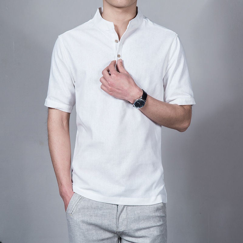 Chinese Style T-shirt Men's Short-sleeved Linen Men's T-shirt Top Summer plus size Loose Collar Vintage Cotton Linen Top - Image 5
