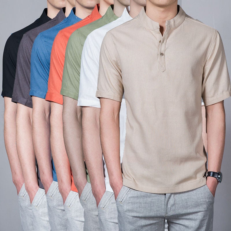 Chinese Style T-shirt Men's Short-sleeved Linen Men's T-shirt Top Summer plus size Loose Collar Vintage Cotton Linen Top - Image 3