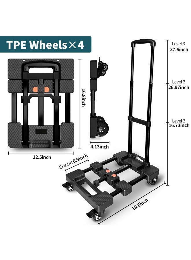 VDHU Folding Hand Truck,VDHU Heavy Duty Luggage Cart 550lbs Load-Bearing with 4 Wheels& Brakes &Extendable Base Plate,Dolly Cart with Solid Construction for Travel,Moving,Shopping,Office Use,Black - Image 3