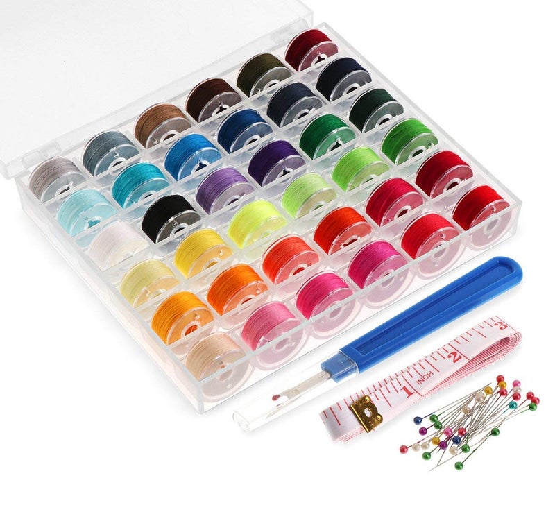 36Pcs Sewing Machine Bobbin Threads with Case and Measuring Tape for Singer Brother Babylock Janome Elna Assorted Colors