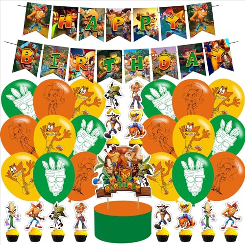 PINUO Crash Bandicoot Birthday Party Decoration, Banner, Cake Topper and Latex Balloons for Movie Party Supplies - Image 1