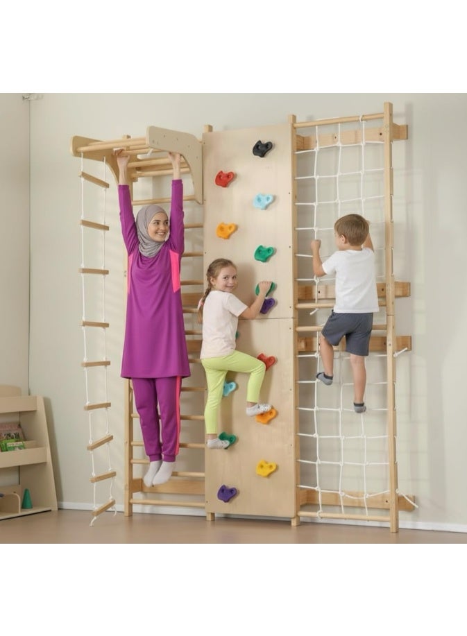 Indoor Playground 9-in-1 With a Swedish ladder, Adjustable Pull-up Bar, Rock Climbing Wall, Rope Climbing, Rope Ladder, Swing, Gymnastic Rings, Inclined Climbing, Slide - Image 1