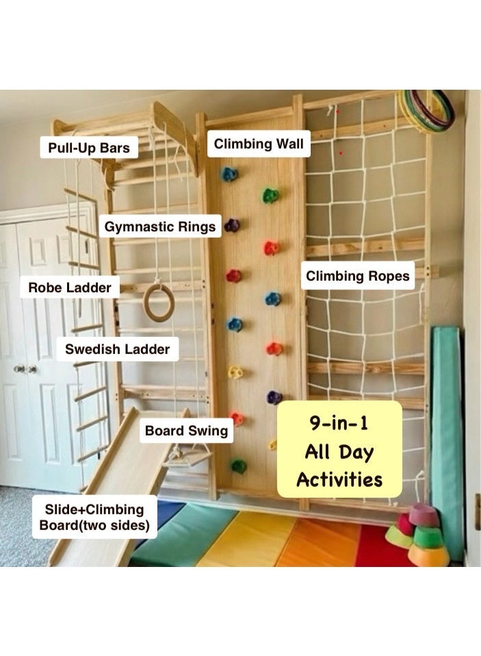 Indoor Playground 9-in-1 With a Swedish ladder, Adjustable Pull-up Bar, Rock Climbing Wall, Rope Climbing, Rope Ladder, Swing, Gymnastic Rings, Inclined Climbing, Slide - Image 2
