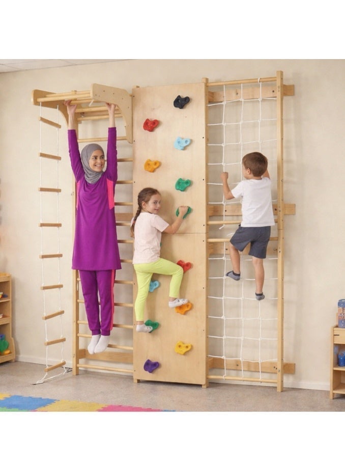 Indoor Playground 9-in-1 With a Swedish ladder, Adjustable Pull-up Bar, Rock Climbing Wall, Rope Climbing, Rope Ladder, Swing, Gymnastic Rings, Inclined Climbing, Slide, Children Toys - Image 1