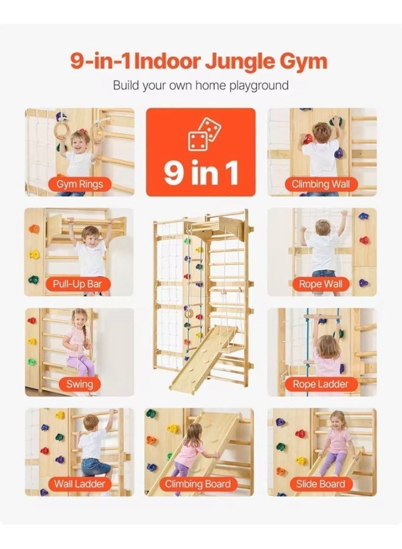 Indoor Playground 9-in-1 With a Swedish ladder, Adjustable Pull-up Bar, Rock Climbing Wall, Rope Climbing, Rope Ladder, Swing, Gymnastic Rings, Inclined Climbing, Slide, Children Toys - Image 4