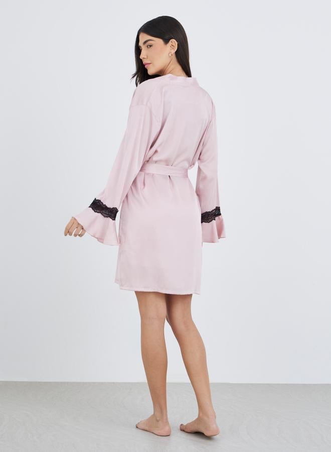 Styli Contrast Lace Detail Satin Slip Dress and Robe Set - Image 5