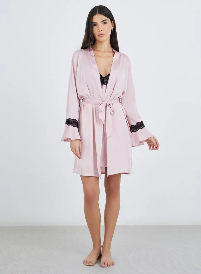 Styli Styli Contrast Lace Detail Satin Slip Dress and Robe Set
