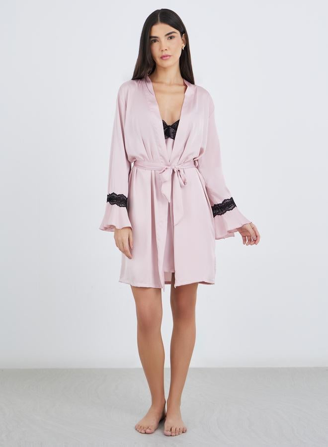 Styli Contrast Lace Detail Satin Slip Dress and Robe Set - Image 2