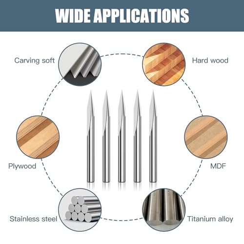 HUHAO 5PCS CNC Wood Carving Router Bit Set,20 Degree Engraving 1/8 Inch Shank V Bit 2 Flute 0.1mm Tip Carbide V Bit for Acrylic Metals Wood MDF PVC - Image 5