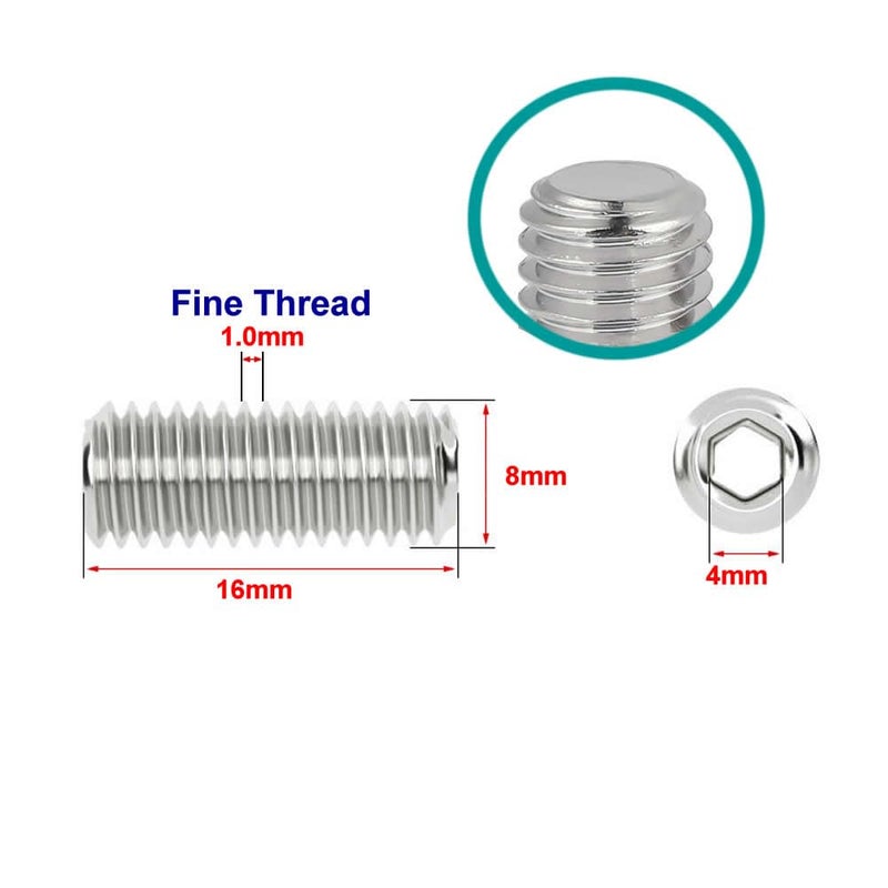 junter Store 30pcs M8-1.0 x 16mm Fine Thread Metric A2 Stainless Steel Flat Point Grub Hex Socket Set Screws Metric DIN913 - Image 2