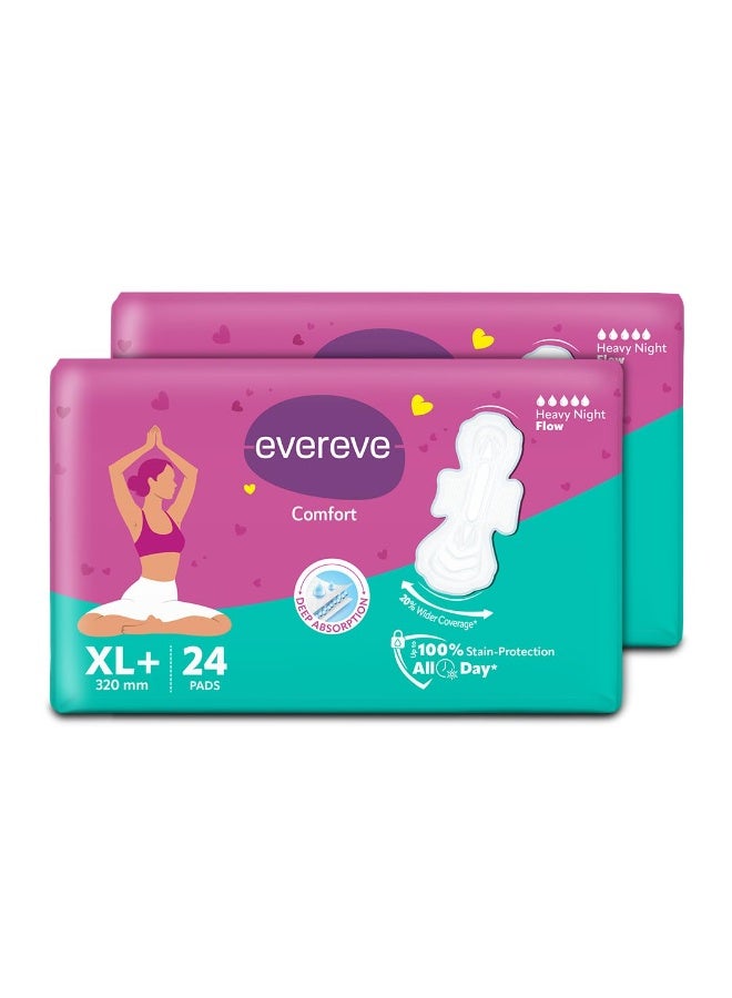 عشية أي وقت مضى فوط صحية "Evereve Comfort" للنساء، مقاس XL+ (320 مم) — الفوطة النهارية الأطول والأعرض، تتميز بنسيج سميك وناعم، وتوفر تهوية فائقة لتجنب تهيج البشرة، مع قدرة امتصاص عميقة وحماية من التسرب تصل إلى 100% لضمان الراحة طوال اليوم. عبوة مزدوجة (24 × 2). - Image 1