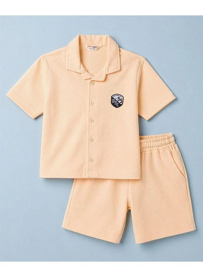 Primo Gino Primo Gino 100% Cotton Popcorn Textured Oversized Drop Shoulder Half Sleeves Solid Colour Shirt & Shorts Set - Beige