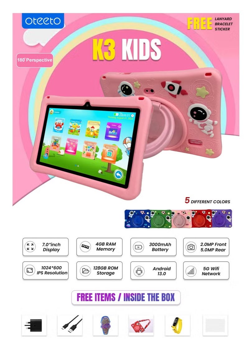 Oteeto K3 Kids Tablet – 7-Inch Android Wi-Fi Tablet for Children | Preloaded Educational Apps & Games | Parental Control Mode | Kid-Proof Protective Case | 4GB RAM + 64GB Storage | Long-Lasting Battery | Lightweight & Durable | Ideal for Toddlers & School Learning – Pink - Image 4