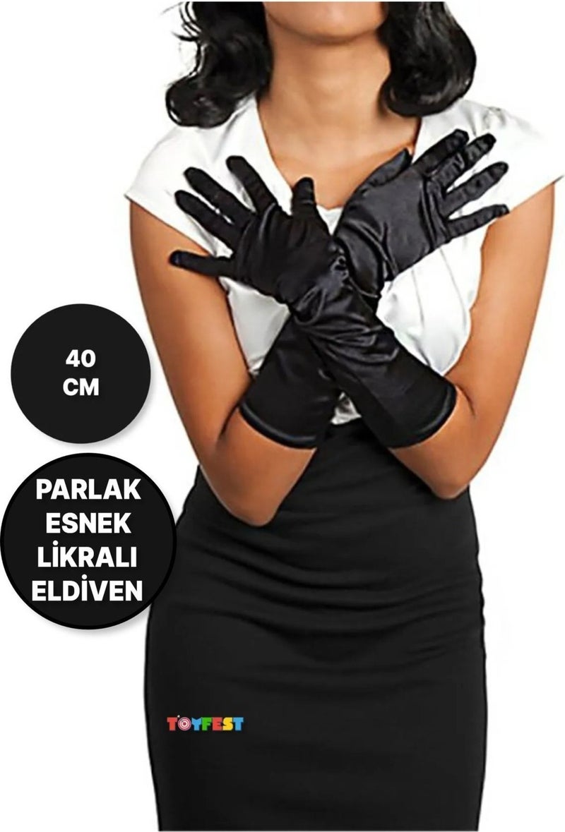 Toyfest Long Shiny Flexible Lycra Gloves 40 cm - 1 Pair - Black  - Image 1