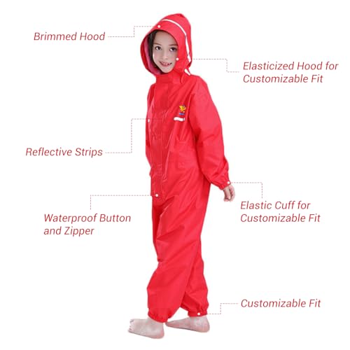 JiAmy Toddler One Piece Rain Suit Kids Rain Poncho Waterproof Muddy Buddy Rain Jacket Full Body Raincoat, Red, 6-7 Years - Image 2