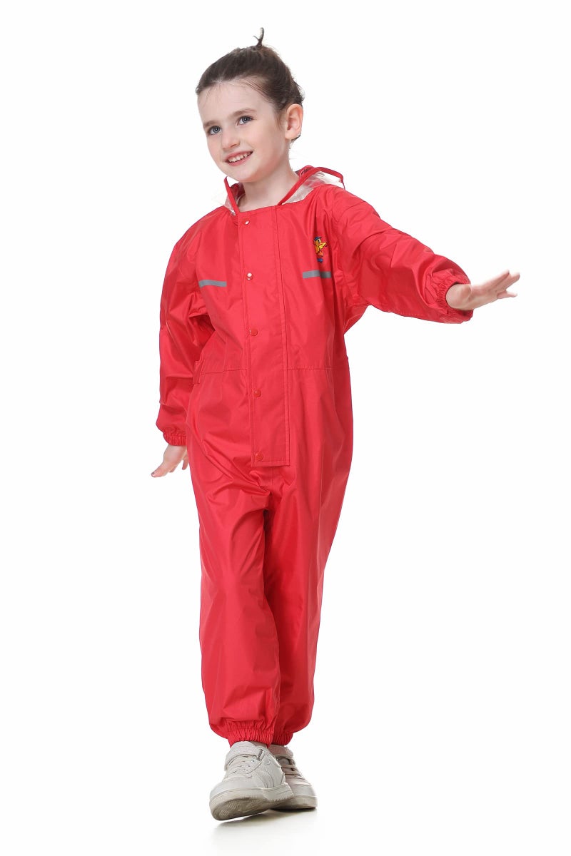 JiAmy Toddler One Piece Rain Suit Kids Rain Poncho Waterproof Muddy Buddy Rain Jacket Full Body Raincoat, Red, 6-7 Years - Image 1