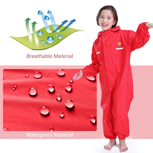 JiAmy Toddler One Piece Rain Suit Kids Rain Poncho Waterproof Muddy Buddy Rain Jacket Full Body Raincoat, Red, 6-7 Years - Image 4