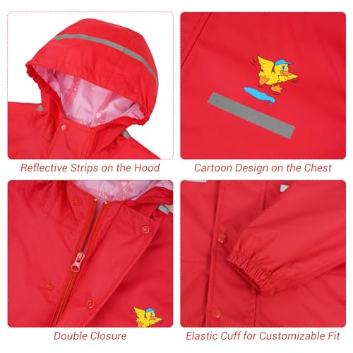 JiAmy Toddler One Piece Rain Suit Kids Rain Poncho Waterproof Muddy Buddy Rain Jacket Full Body Raincoat, Red, 6-7 Years - Image 3