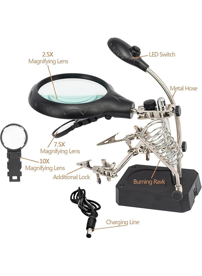 إيروريكس مجموعة حامل مكواة اللحام المكبرة من Helping Hand مع ضوء LED ومحطة إصلاح زجاجية مكبرة مع مشبك ومشابك ومحطة مكبر لحام للحام والحرف اليدوية وفحص الأشياء الدقيقة - Image 3