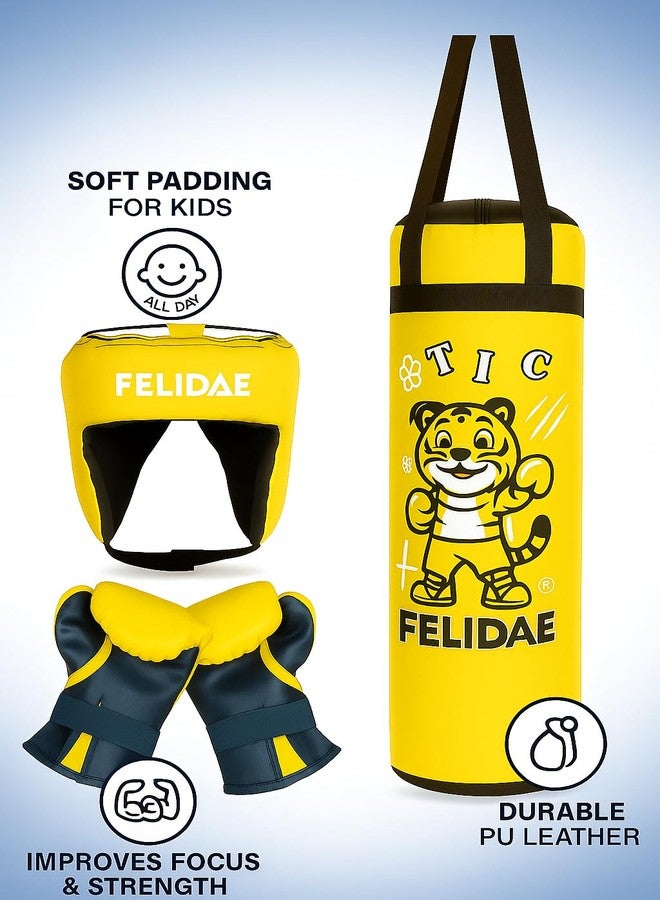 FELIDAE Kids Set for Age (7-13 Years) Pack of 4 Boxing Kit | Punching Bag for Karate | Bounce-Back Martial Arts Bag for Boys & Girls to Build Skills Boxing Kids Set (Yellow Black) - Image 2