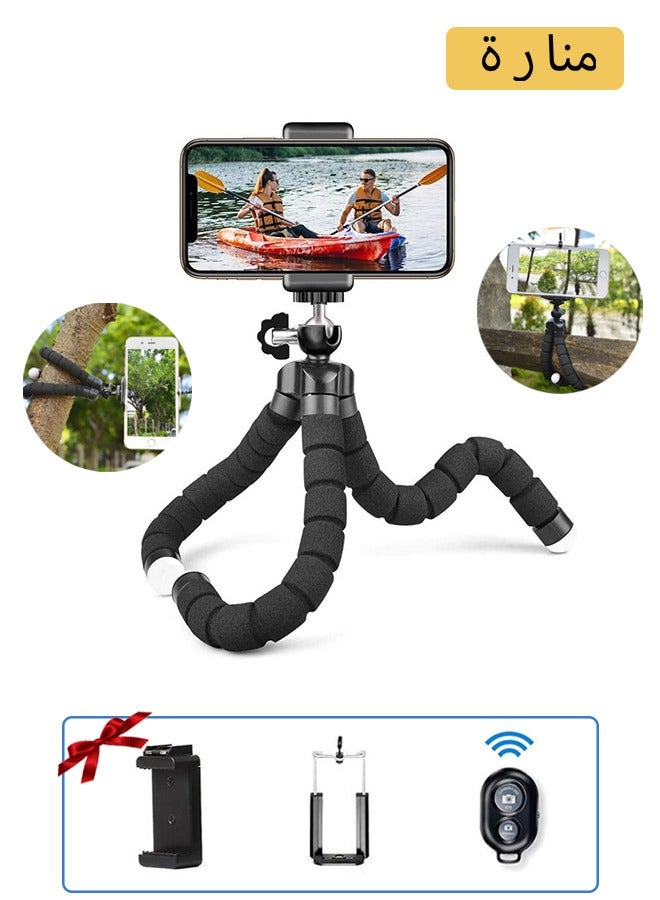 Portable and Flexible Extendable Phone Tripod and Camera Stand with Bluetooth Remote and Clip, Selfie Stick Vlogging and Travel Photography Support with clip E-type phone clip (black)