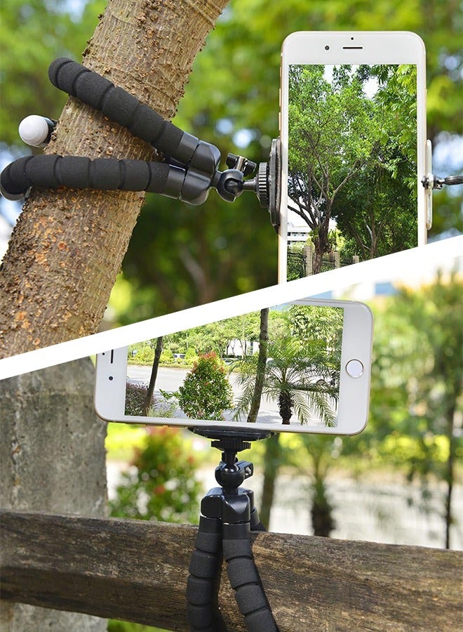 Portable and Flexible Extendable Phone Tripod and Camera Stand with Bluetooth Remote and Clip, Selfie Stick Vlogging and Travel Photography Support with clip E-type phone clip (black)