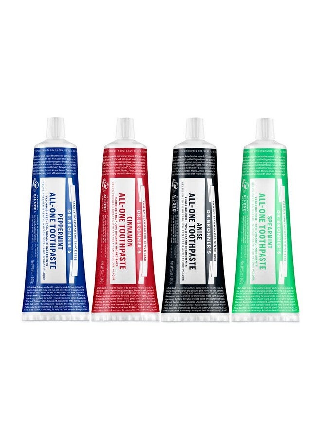 دكتور برونرز دكتور برونر - عبوة متنوعة من معجون الأسنان متعدد الاستخدامات - بنكهة النعناع والقرفة واليانسون والنعناع الأخضر، 70% مكونات عضوية، طبيعية وفعالة، خالية من الفلورايد، تساعد على إنعاش النفس، نباتية (5 أونصة، عبوة من 4 قطع) - Image 1