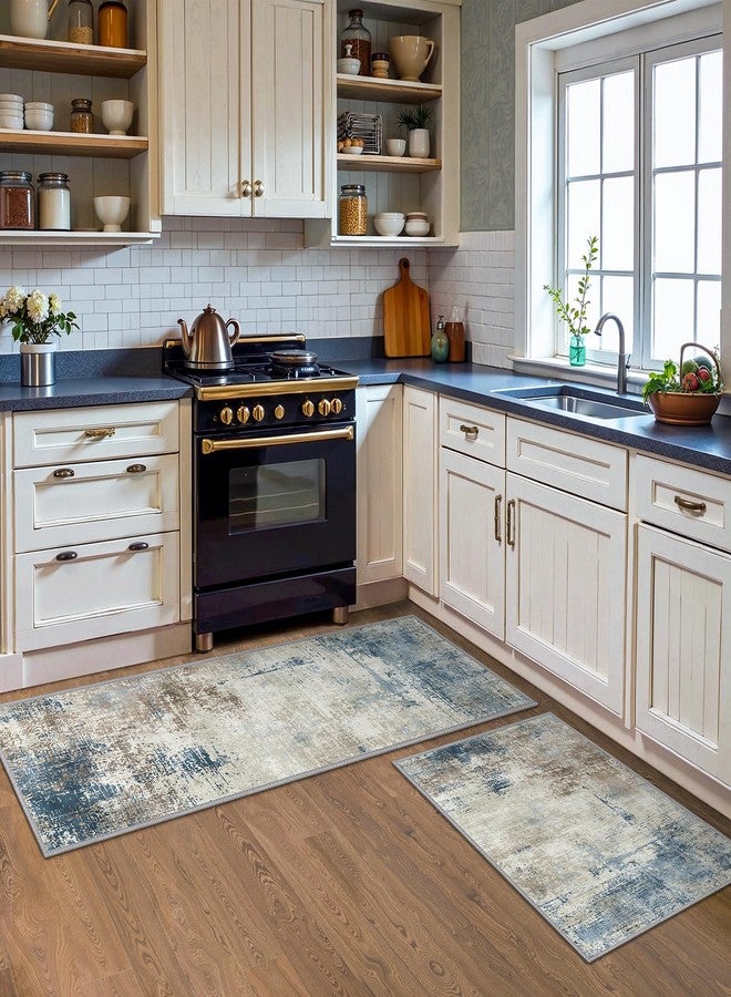 GENIMO Kitchen Rugs Sets of 3 Non Slip Washable Kitchen Mats for Floor, Waterproof Abstract Kitchen Runner Rug, Floor Mat Carpet for Hallway, Laundry, Sink, Entryway, Bathroom, Blue - Image 3