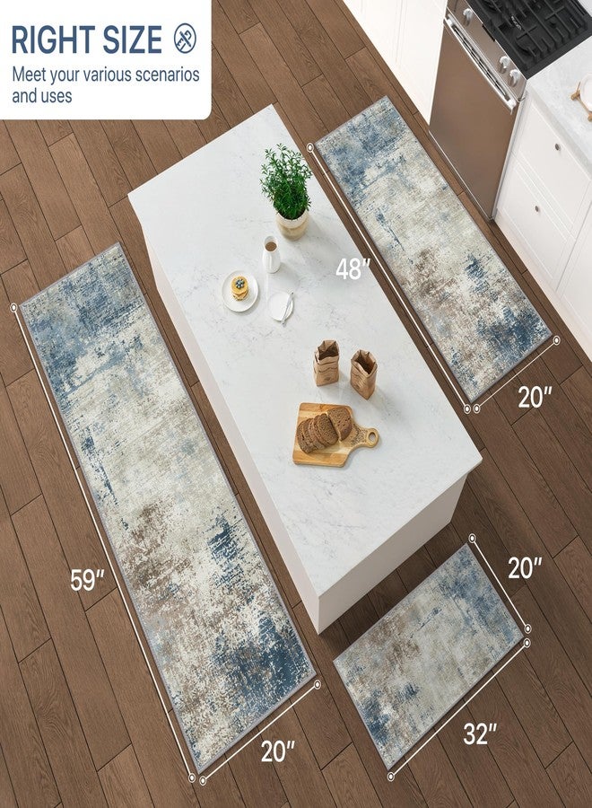 GENIMO Kitchen Rugs Sets of 3 Non Slip Washable Kitchen Mats for Floor, Waterproof Abstract Kitchen Runner Rug, Floor Mat Carpet for Hallway, Laundry, Sink, Entryway, Bathroom, Blue - Image 2