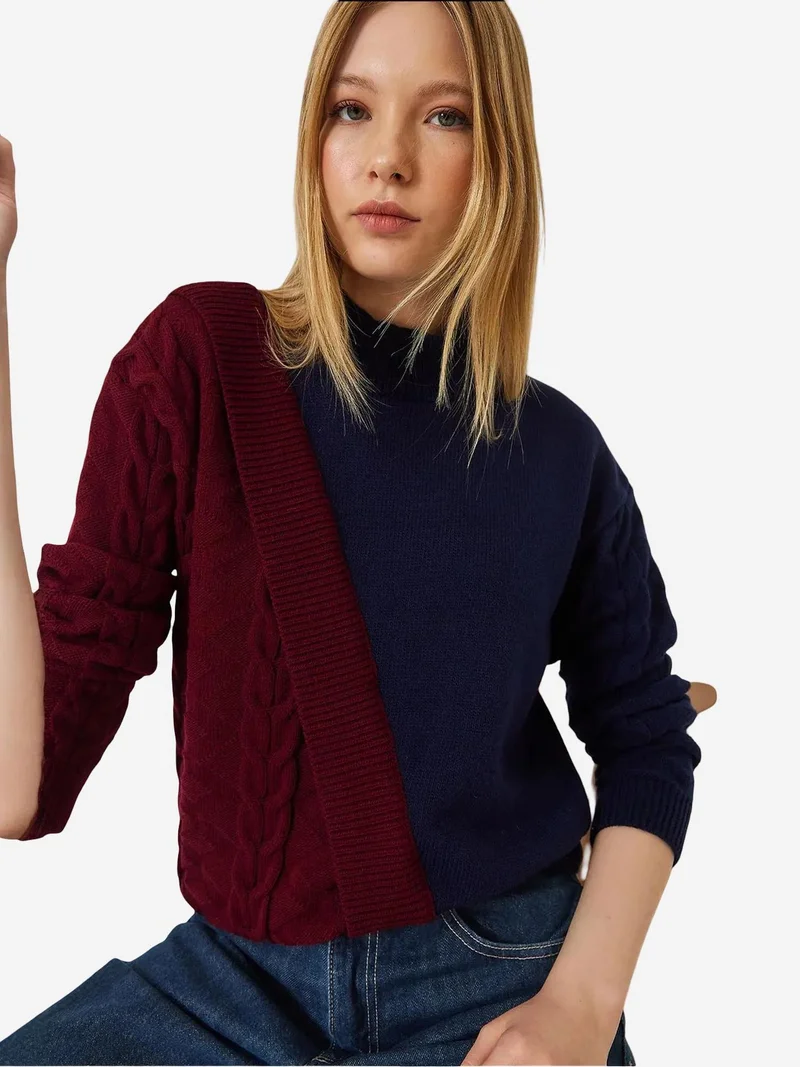 Bianco Lucci LUCCI Patterned Half Turtleneck Ribbed Sweater
