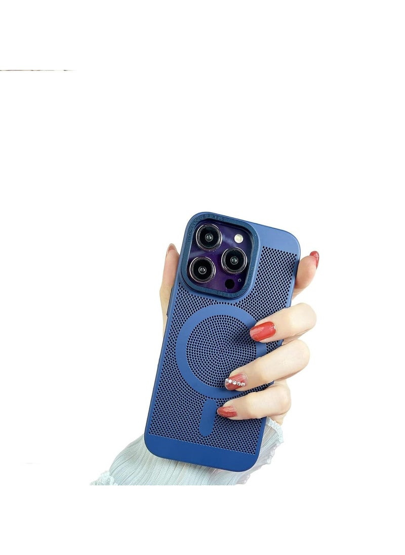 Generic - Steel Mesh Heat Dissipation Magnetic Protective Cover for iPhone 14 Pro max  Breathable Mesh Wireless Charging Case Dark Blue - Image 1