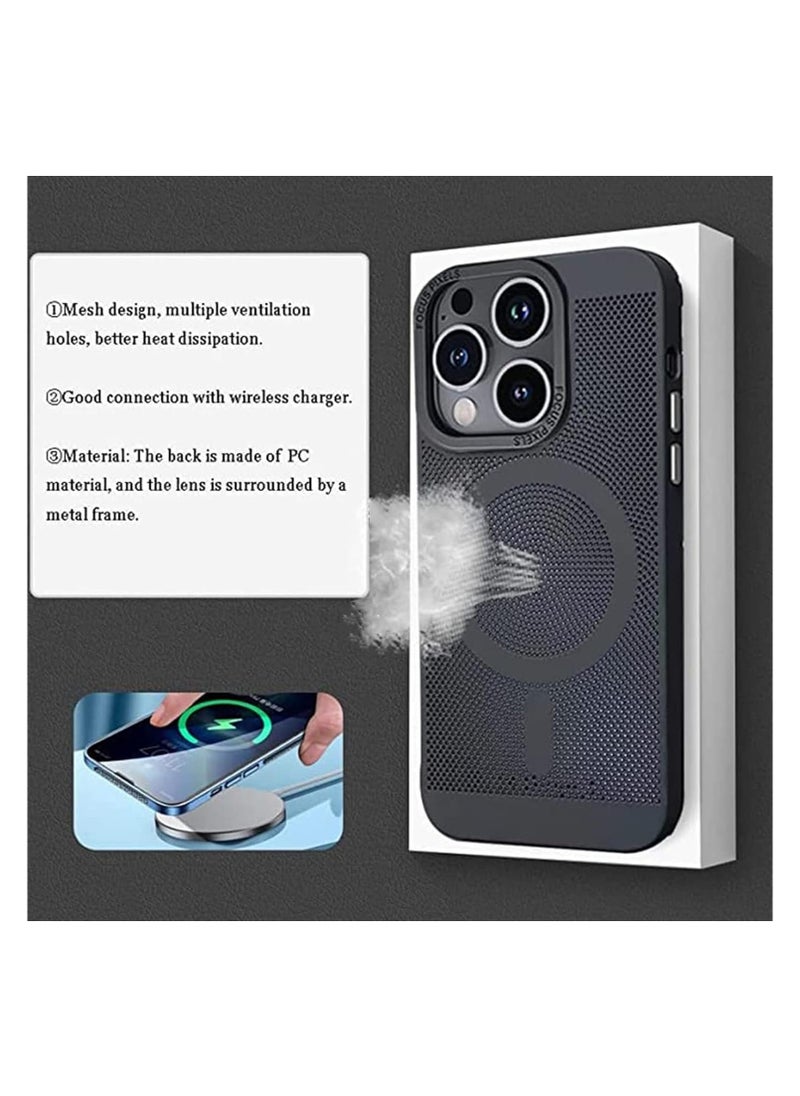 Generic - Steel Mesh Heat Dissipation Magnetic Protective Cover for iPhone 14 Pro max  Breathable Mesh Wireless Charging Case Dark Blue - Image 1