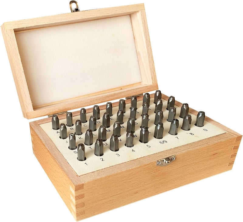 HimaPro Letter and Number Stamp Set 36pcs 40Cr Alloy Steel Metal Stamp Number & Letter Punch Set in a Wooden case (4mm 5/32 Inch) - Image 1