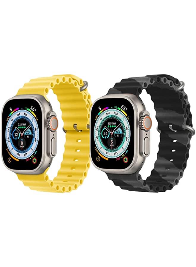 IAF Silicone Ocean Band Strap for Apple Watch Ultra 8 49mm Yellow Single Color Strap with Black/Gray Double Line Strap Set of 2