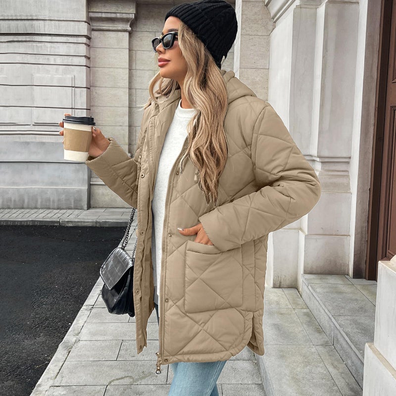 HOTIAN Womens Quilted Puffer Jackets Hooded Long Sleeve Full Zipper Casual Winter Lightweight Diamond Coats with Pockets(Khaki-S) - Image 2