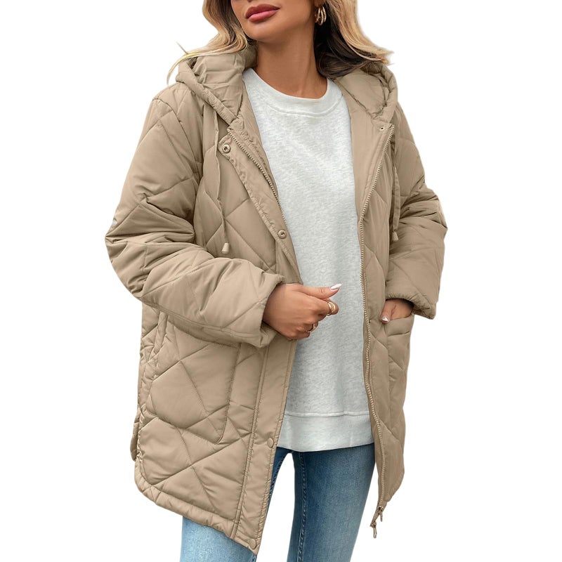HOTIAN Womens Quilted Puffer Jackets Hooded Long Sleeve Full Zipper Casual Winter Lightweight Diamond Coats with Pockets(Khaki-S) - Image 1