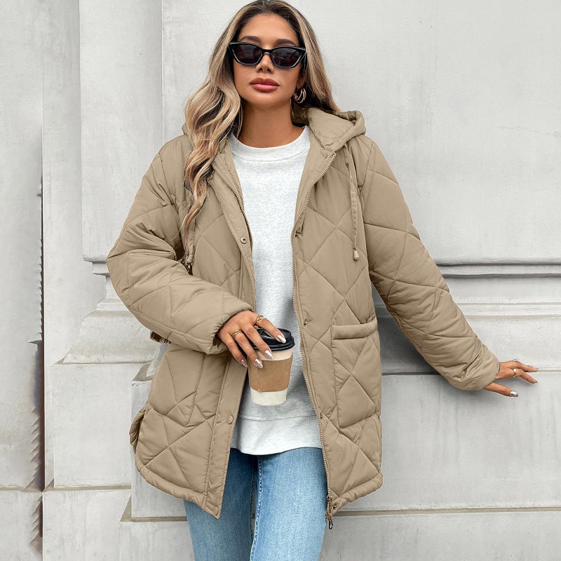 HOTIAN Womens Quilted Puffer Jackets Hooded Long Sleeve Full Zipper Casual Winter Lightweight Diamond Coats with Pockets(Khaki-S) - Image 4