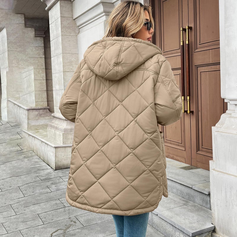 HOTIAN Womens Quilted Puffer Jackets Hooded Long Sleeve Full Zipper Casual Winter Lightweight Diamond Coats with Pockets(Khaki-S) - Image 5