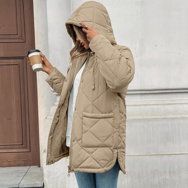 HOTIAN Womens Quilted Puffer Jackets Hooded Long Sleeve Full Zipper Casual Winter Lightweight Diamond Coats with Pockets(Khaki-S) - Image 3