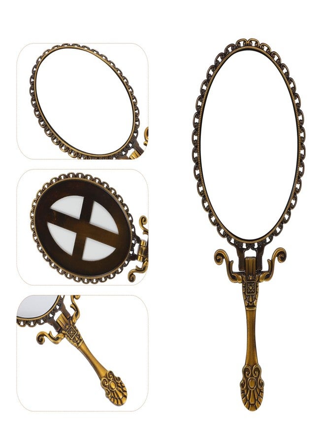 Lurrose KALLORY Vintage Handheld Makeup Mirror Folding Handle Stand Antique Travel Magnifying Mirror Bronze Back Foldable Embossed Flower Mirror - Image 4