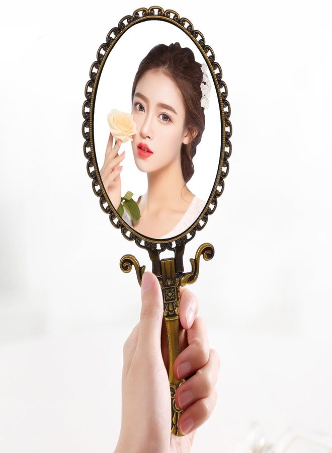 Lurrose KALLORY Vintage Handheld Makeup Mirror Folding Handle Stand Antique Travel Magnifying Mirror Bronze Back Foldable Embossed Flower Mirror - Image 5