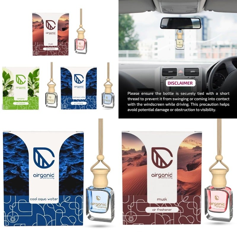 Airganic Swing Prime Car Perfume Hanging Pod Musk Camphor Cool Aqua Water Pack 3 Car Air Freshener Natural Essential Fragrance Oils in Glass Bottle with Wooden Diffuser Lid Last Upto 60 Days - Image 1