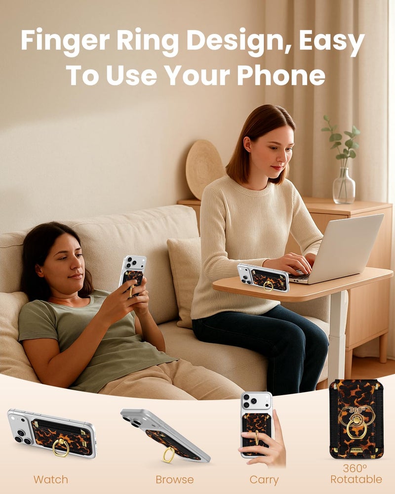 Shorogyt Compatible with Magsafe Wallet with Ring Grip Magnetic Card Holder - Cute Phone Wallets with Stand for iPhone 17/16/15/14/13/12 Series for Women Girls Brown Leopard Design, Fit 7 Cards - Image 2