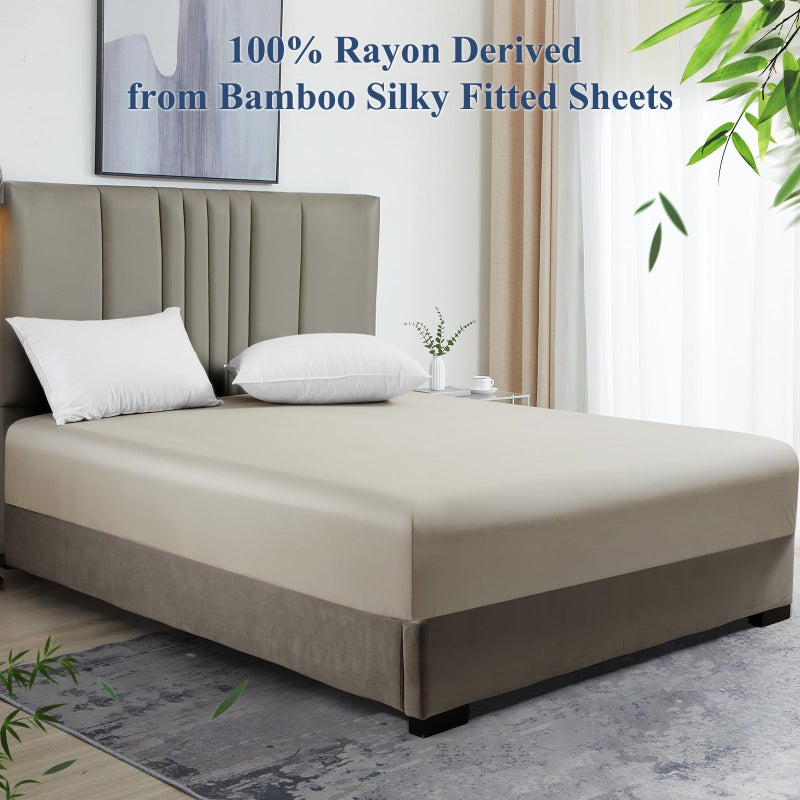 David's Home David's Home Summer Cooling Fitted Sheet King Size  100% Rayon Derived from Bamboo  16"" Deep Pocket 2.5cm Wider Elastic  Luxury Smooth Silky Soft Breathable Bottom Sheet for Hot Sleeper  Light Taqpe  - Image 2