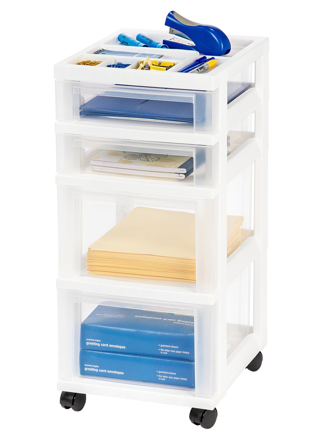 IRIS IRIS USA Plastic Drawer Storage Organizer Rolling Cart with Wheels Casters 4Drawers for Classroom Art Craft Supplies Dresser Closet Bathroom Dorm Bedroom Laundry Room WhiteClear 