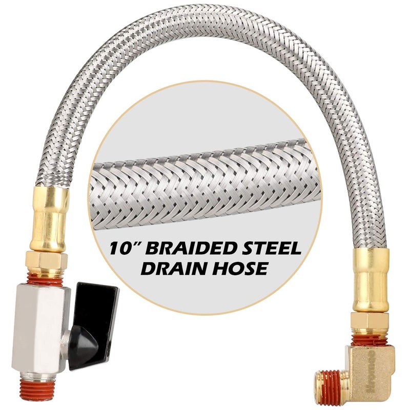 Hromee Extended Tank Drain Assembly Kit with 10 Inch Braided Steel Hose 1/4 Inch Drain Valve and Elbow Fitting for Air Compressor - Image 2