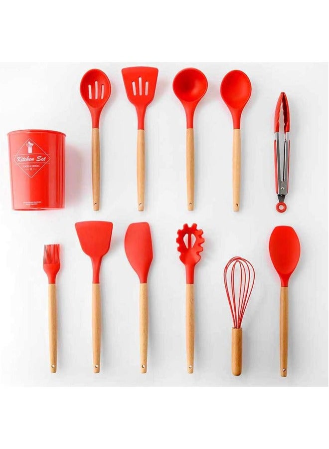 شو وو مجموعة أدوات طهي من السيليكون المقاوم للحرارة وغير اللاصق، مكونة من 11 قطعة، أحمر/فضي، مقاس واحد - Image 1