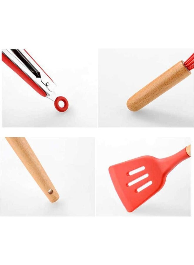 شو وو مجموعة أدوات طهي من السيليكون المقاوم للحرارة وغير اللاصق، مكونة من 11 قطعة، أحمر/فضي، مقاس واحد - Image 3
