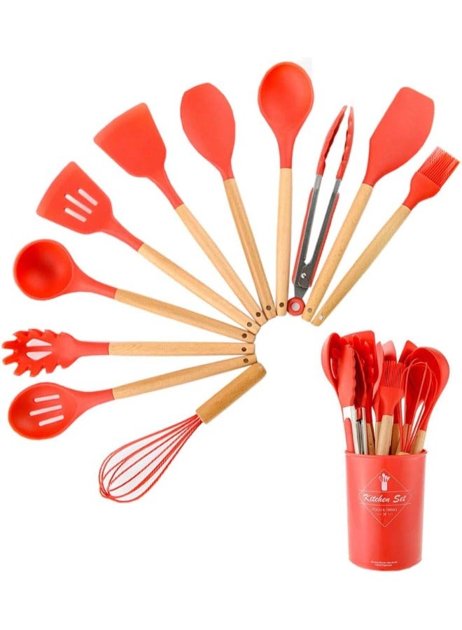 شو وو مجموعة أدوات طهي من السيليكون المقاوم للحرارة وغير اللاصق، مكونة من 11 قطعة، أحمر/فضي، مقاس واحد - Image 2